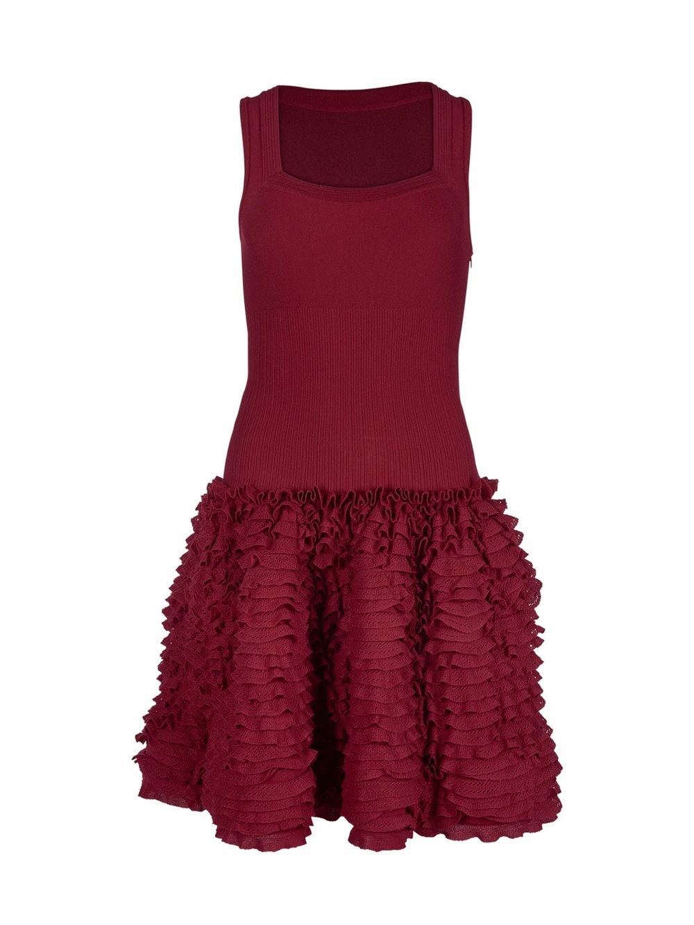 Alaïa Paris Burgundy Wool Knit Ruffle Skater Dress Size 36